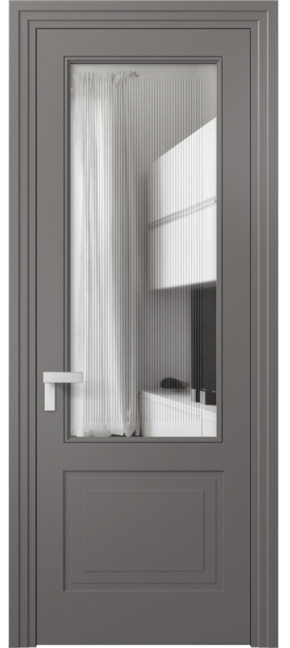Межкомнатная дверь Rocca 8352 Матовый классический серый Прозрачное стекло с гравировкой "Каннелюры", триплекс Цена 91899 ₽ | Volhovec