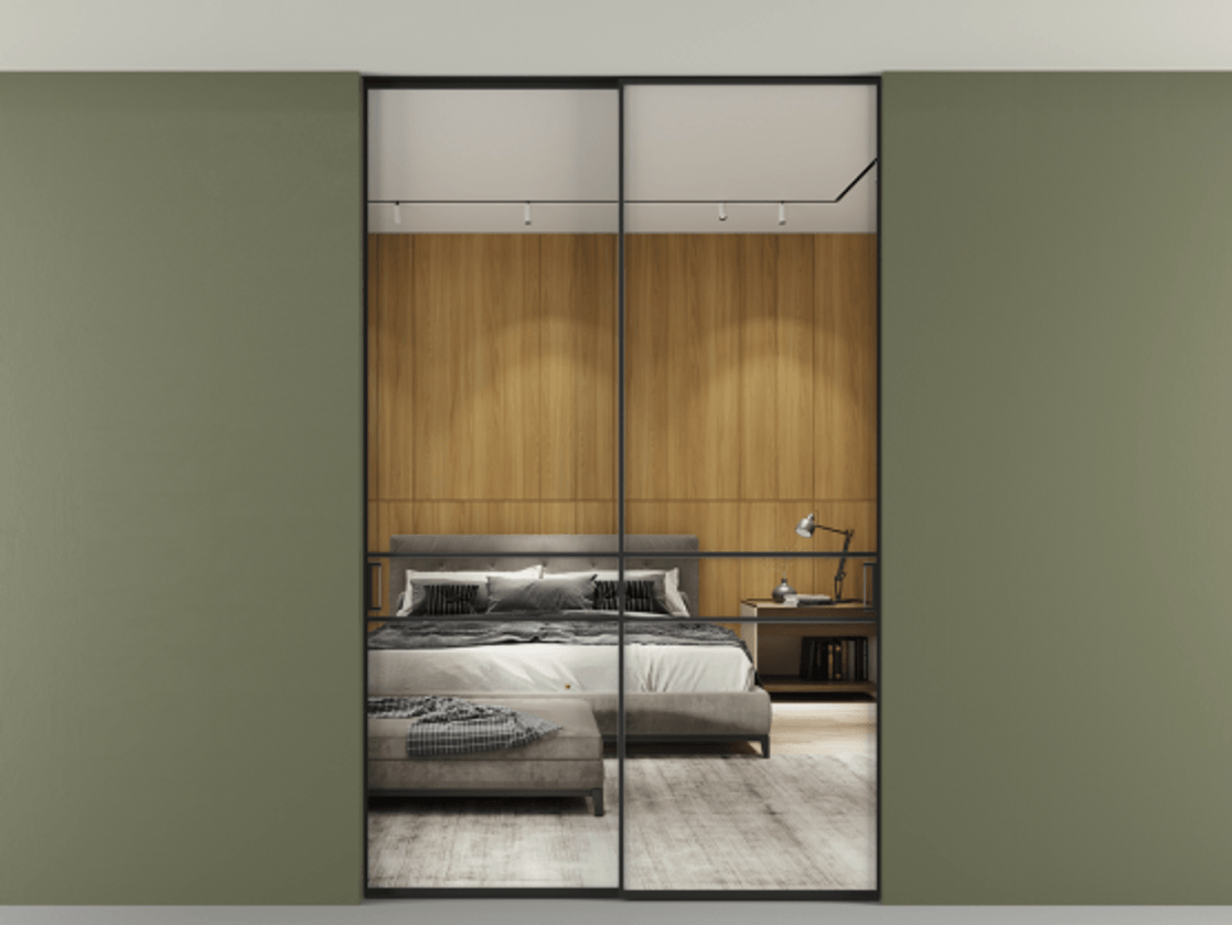 Перегородка Formato внутри проёма двустворчатая со скрытым креплением в потолок АЛПР 040.02 Алюминий Черный Двустороннее зеркало, триплекс 6 мм, триплекс 6 мм Цена 265380 ₽ | Volhovec