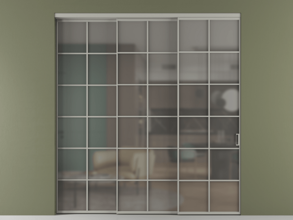 Перегородка Formato внутри проёма 3 створки с синхронным механизмом АЛПР 040.05 Алюминий нейтральный серый Сатинированное серое стекло, триплекс Цена 413000 ₽  | Volhovec