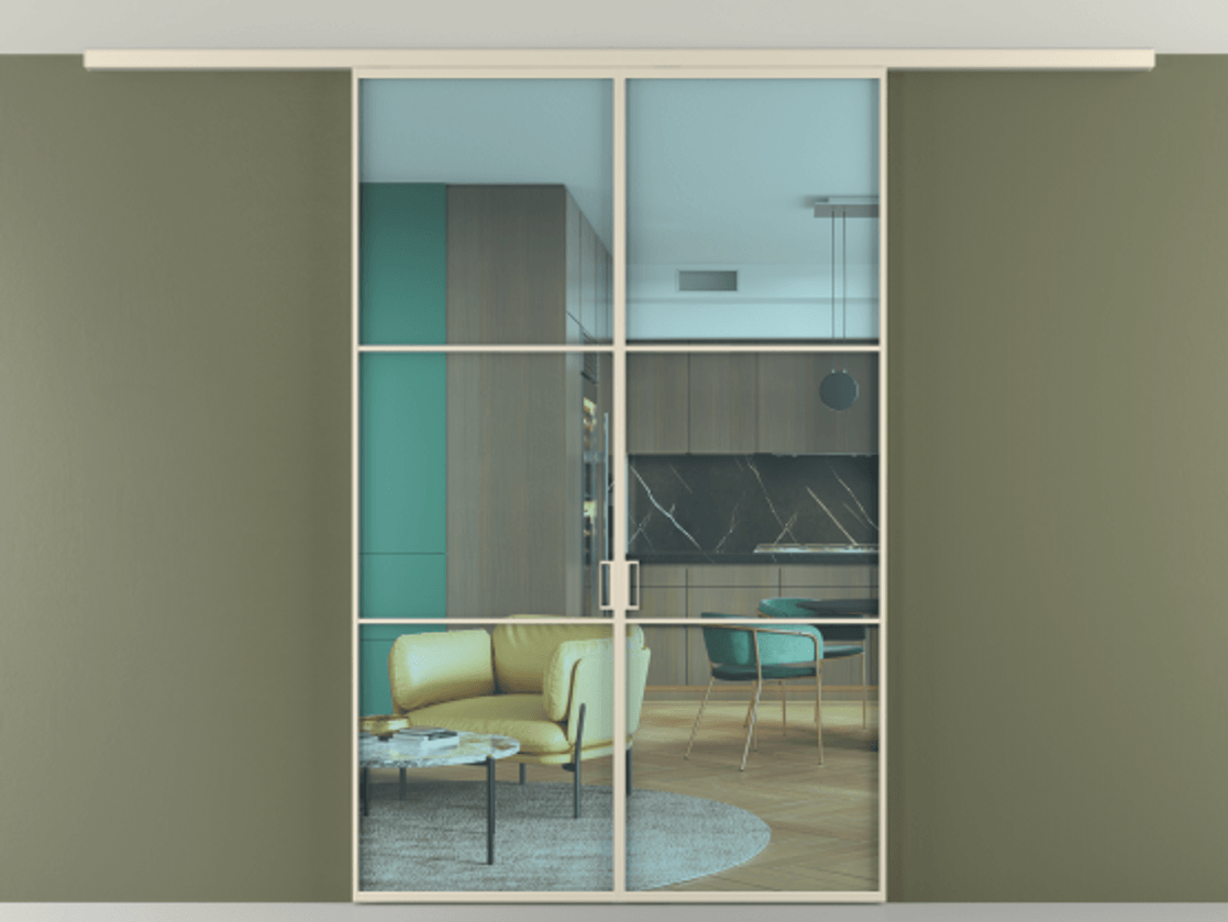 Перегородка Formato вдоль стены на потолок 2 створки АЛПР 040.03 Алюминий бежево-серый Прозрачное голубое стекло, триплекс Цена 227920 ₽ | Volhovec