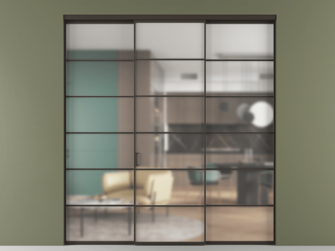 Перегородка Formato внутри проёма 3 створки АЛПР 040.04 Алюминий антрацит Сатинированное стекло "Matelux Crystal Vision", калёное, матовое, каленое 6 мм Цена 341000 ₽ | Volhovec