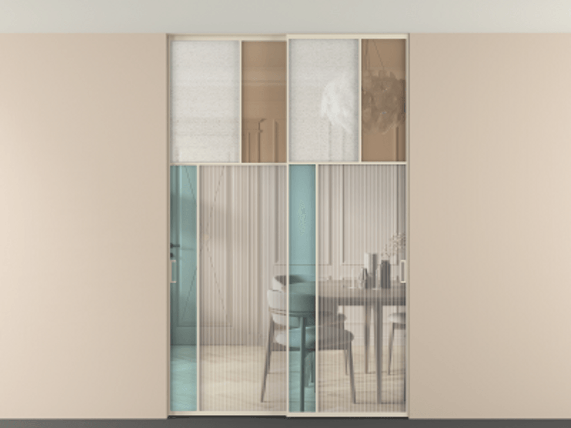 Перегородка Mosaic внутри проёма скрытое крепление в потолок 2 створки АЛПР 041.22 Алюминий бежево-серый Комбинация стекол Группы 1 и Группы 3 Цена 336580 ₽ | Volhovec