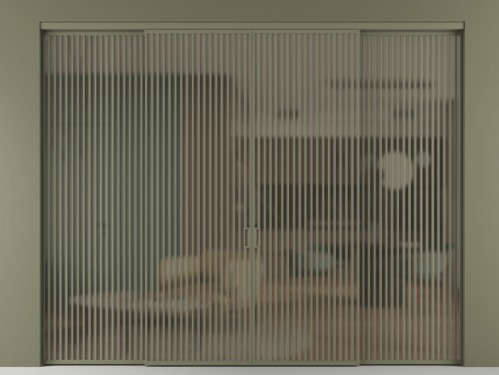 Алюминевая перегородка АЛПР 040.06_АОТ_Бронза сатин триплекс_new. Цвет Алюминий оливковый тёмный. Материал Алюминий в эмали. Коллекция Перегородка Формато внутри проёма 4 створки. Картинка.