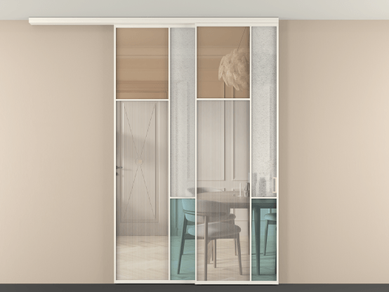 Алюминевая перегородка vdt2_7 Алюминий бежево-серый Четыре стекла. Цвет Алюминий бежево-серый. Материал Алюминий в эмали. Коллекция Перегородка Mosaic вдоль стены на потолок 2 створки с синхронным механизмом. Картинка.