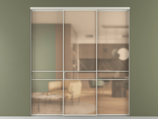 Алюминевая перегородка vn1+2_02_ Алюминий тёплый серый Сатинированное оранжевое стекло, триплекс, 6мм. Цвет Алюминий тёплый серый. Материал Алюминий в эмали. Коллекция Перегородка Formato внутри проёма 3 створки. Картинка.