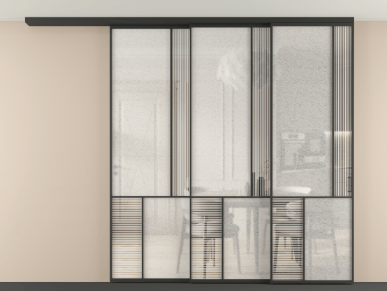 Алюминевая перегородка vdt3_1 ЧЕР. Цвет Алюминий Черный. Материал Алюминий. Коллекция Перегородка Mosaic вдоль стены на потолок 3 створки с синхронным механизмом. Картинка.