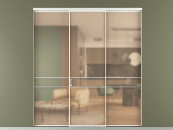 Алюминевая перегородка vn1+2_02_ Алюминий светло-серый Сатинированное оранжевое стекло, триплекс, 6мм. Цвет Алюминий светло-серый. Материал Алюминий в эмали. Коллекция Перегородка Formato внутри проёма 3 створки. Картинка.